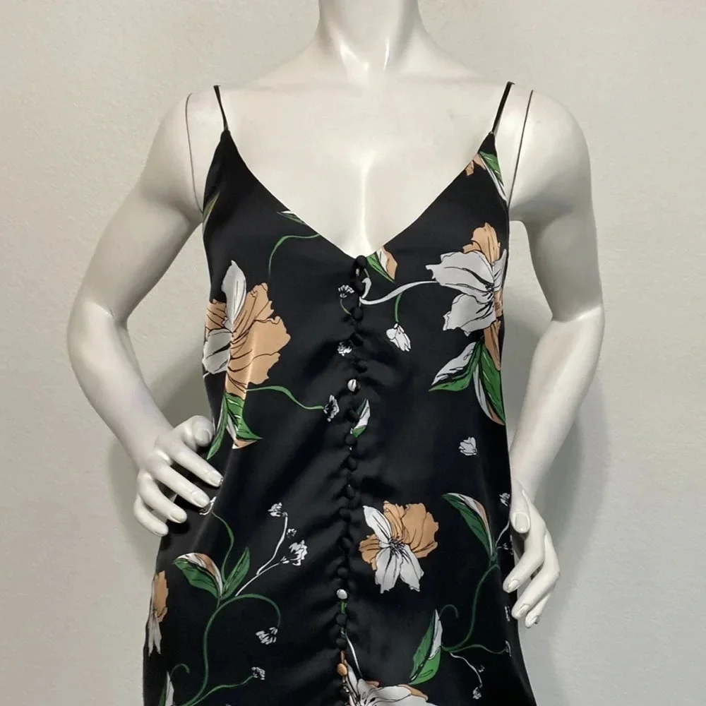 Bardot Black Hibiscus Floral Button Front Satin Midi Slip Dress Size 4